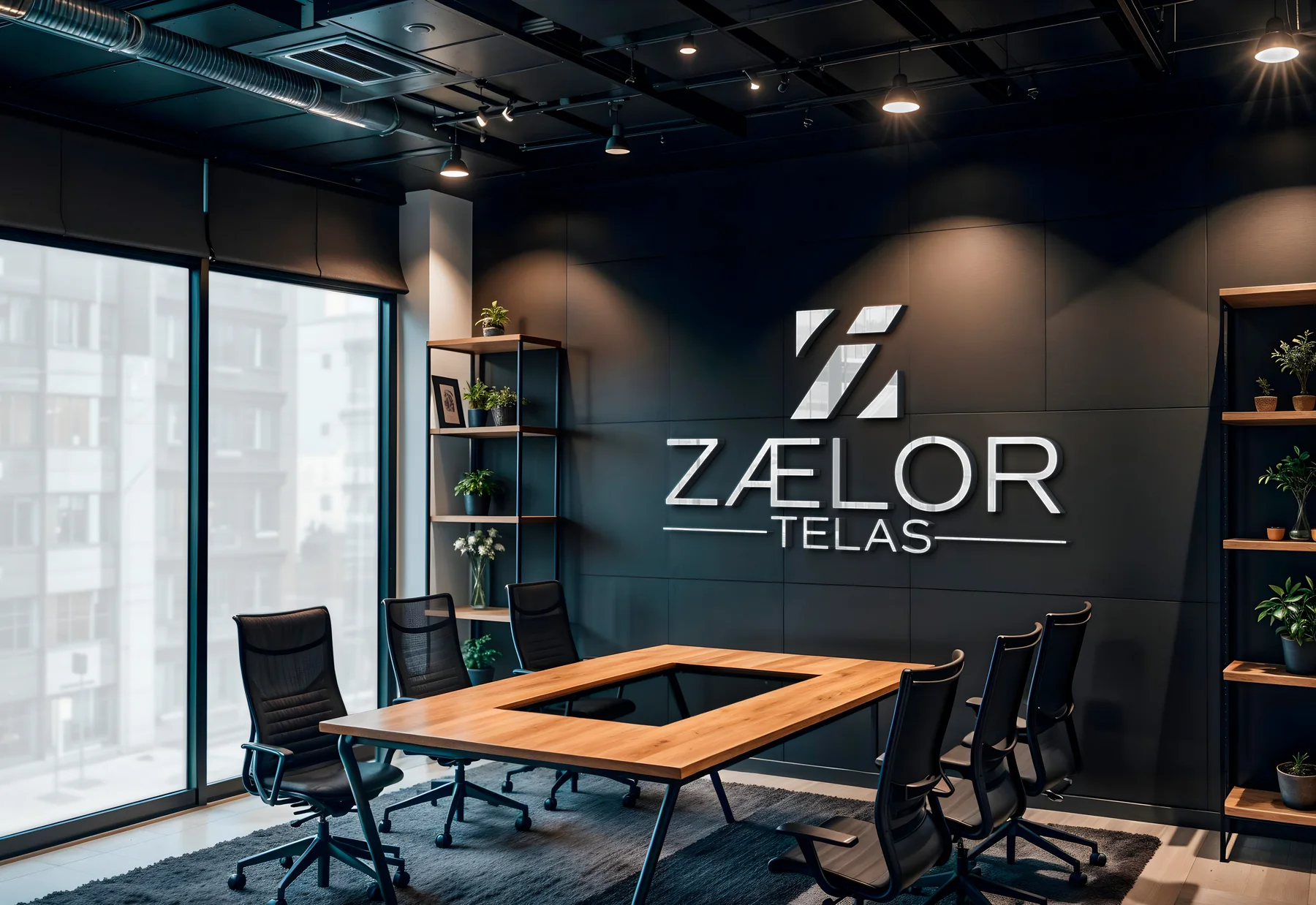 Sala de reunião da Zaelor Telas com a marca aplicada na parede